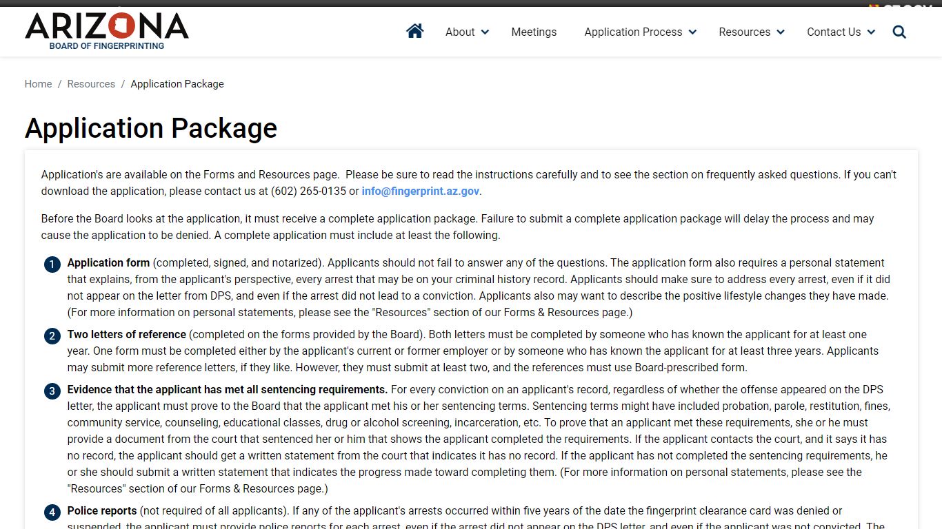 Application Package | Board of Fingerprinting - Arizona